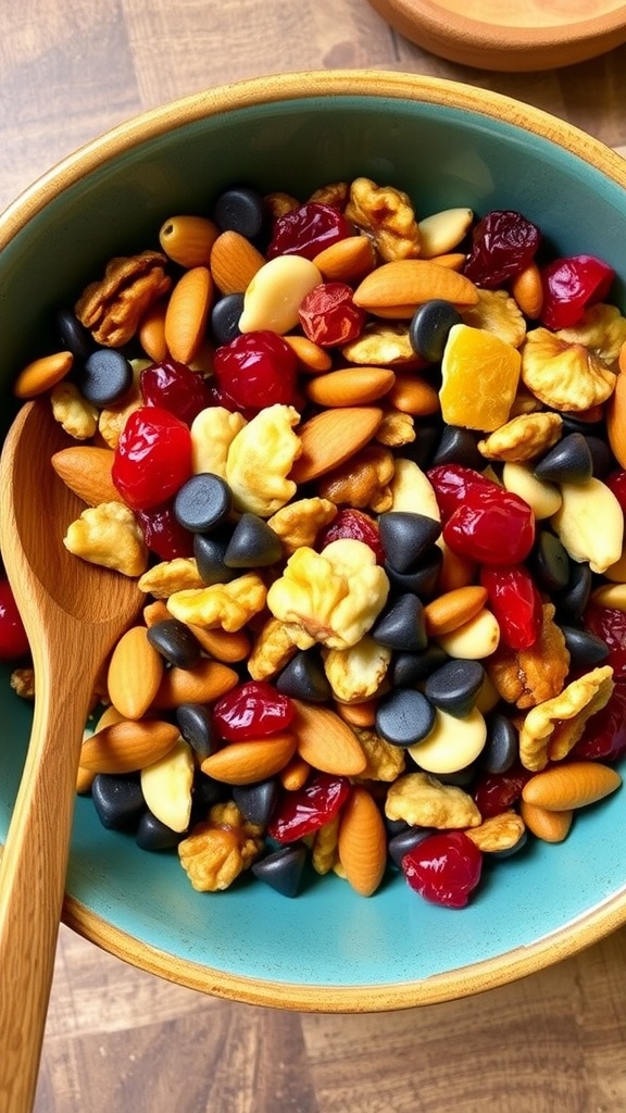A colorful and crunchy snack mix with nuts, seeds, and dried fruits in a rustic bowl.